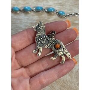 Native American 925 SW Sterling Silver Orange Spiny Husky Wolf Dog Pendant